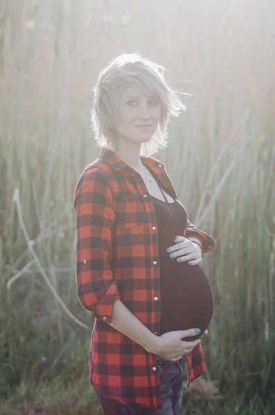 Hermosa mujer embarazada relajándose en la naturaleza al atardecer —  Fotos de Stock