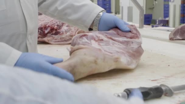 Cortar carne en una fábrica — Vídeos de Stock