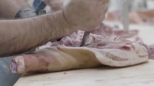 Κοπή κρέατος σε ένα εργοστάσιο — Αρχείο Βίντεο