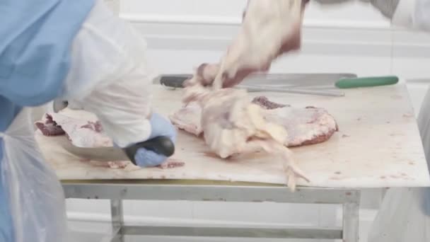 Cortar carne en una fábrica — Vídeo de stock
