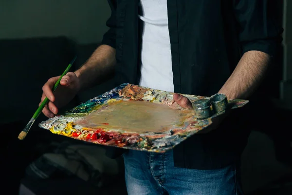 Artist Holds Palette Paints Brush Going Paint Canvas Man Jeans — Stock Photo, Image