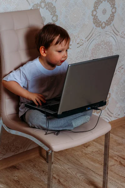 Little Boy White Shirt Sits Chair Sofa Laptop Looks Camera — Stock Photo, Image