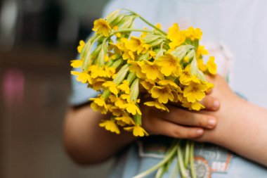 bulanıklık. Çocuk sarı alan çiçek tutuyor. Onlara - kamerada gösterilen verir. Annem için bir hediye. bir buket vermek. hediye - bulanık buket çiçek. yaz
