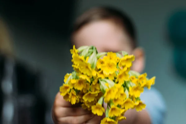 Vervagen Jongen Houdt Geel Veld Bloemen Geeft Hen Tonen Camera — Stockfoto