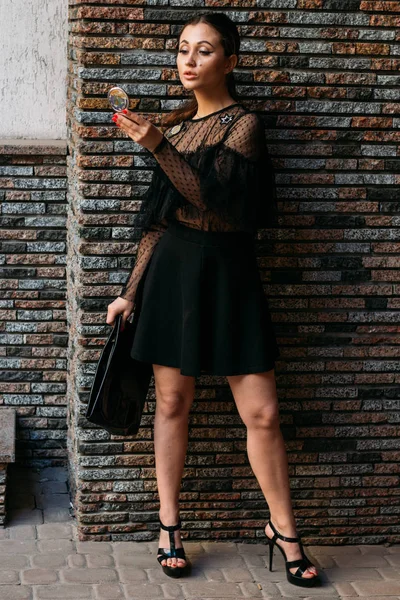 Portrait Young Beautiful Girl Brunette Black Dress Standing Wall Multi — Stock Photo, Image