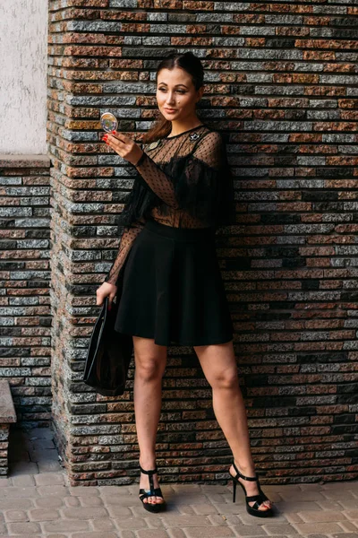 Portrait Young Beautiful Girl Brunette Black Dress Standing Wall Multi — Stock Photo, Image