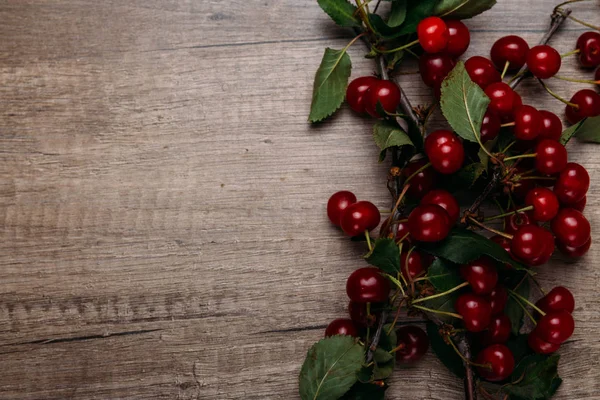 summer gifts. a fresh branch of a cherry tree with green leaves and red fruits, cherries lying on a wooden table, on a wooden background. Protect the environment. proper nutrition. place for text