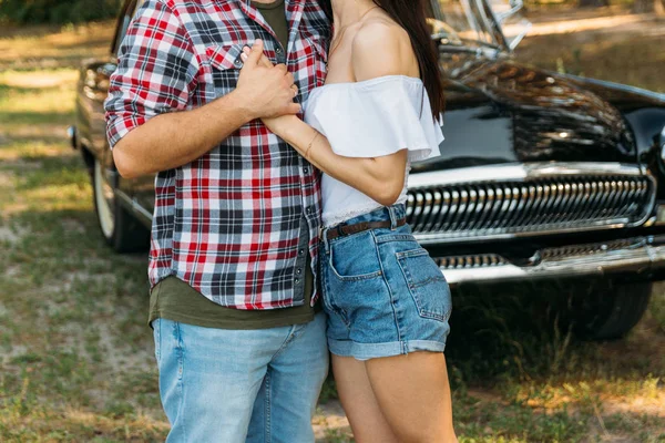 Love Affection Young Couple Park Guy Plaid Plane Jeans Girl — Stock Photo, Image