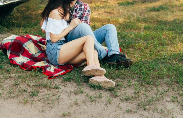 Loving Couple Sits Red Plaid Woods Embrace Couple Kissing Man — Stock Photo, Image