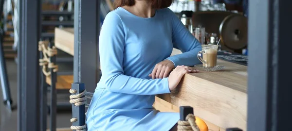 Girl Blue Dress Sits Bar Counter Drinks Coffee Glass Cup — Stock Photo, Image