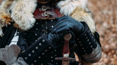 Ortaçağ knight ile kılıç zırh ormanın içinde. Sonbahar Nehri yakınında. kılıç zırh, bir kurt pelerin ile bir adam tutar. kostüm oyunları