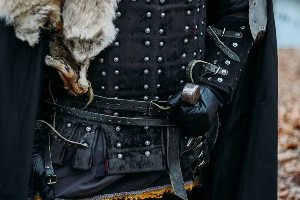 フォレスト内のスタイルとして鎧に剣で中世の騎士 川の近くの秋 狼のマントと鎧で Sword 男を保持します 衣装ゲーム — ストック写真