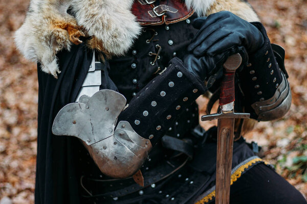 Medieval Knight Sword Armor Style Game Thrones Forest Autumn River — Stock Photo, Image