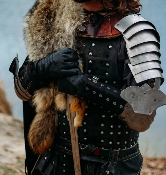 Medieval Knight Sword Armor Forest Autumn River Holds Sword Man — Stock Photo, Image