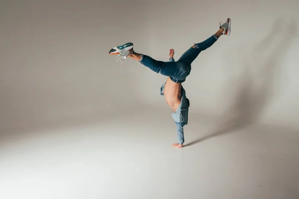 Shot Jump Feet Mad Crazy Cheerful Successful Lucky Guy Casual — Stock Photo, Image