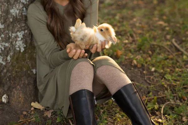 Une Fille Aux Cheveux Bruns Assoit Sous Arbre Tient Petit — Photo