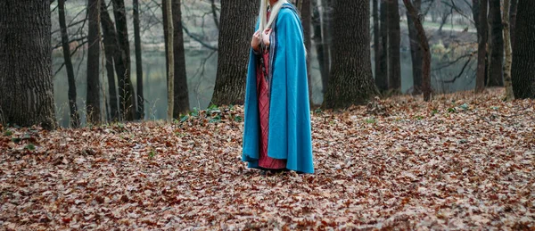 Girl Long Hair Blonde Blue Cape Pink Dress Walks Autumn — Stock Photo, Image