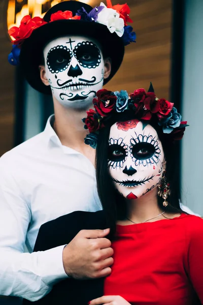 Couple Wearing Skull Make All Souls Day Boy Girl Sugar — Stock Photo, Image