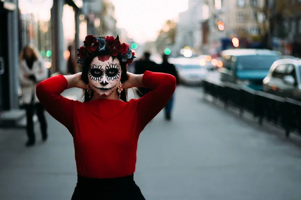 Porträtt Flicka Staden Med Make Make För Halloween Dag Döda — Stockfoto