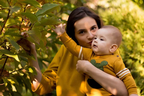 Happy Young Mother Playing Baby Autumn Park Yellow Maple Leaves — Stock Photo, Image