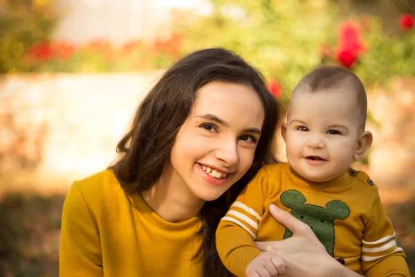 Happy Young Mother Playing Baby Autumn Park Yellow Maple Leaves — Stock Photo, Image