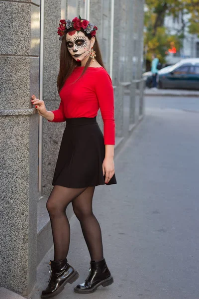 Girl Painted Face Skeleton Dead Zombie City Day Day All — Stock Photo, Image