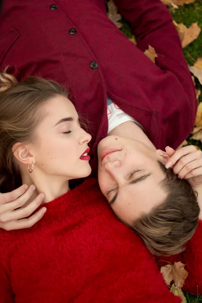 bir çift sarı akçaağaç yaprakları yeşil çim üzerinde yalan söylüyor, yüzlerini birbirlerine, bir tarih, aşık, evli bir çift, bir sonbahar roman, attraction.relaxation yakın
