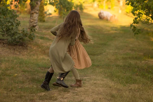 Iki Kız Gençler Elele Yeşil Grass Üzerinde Yürümek Bir Kahverengi — Stok fotoğraf