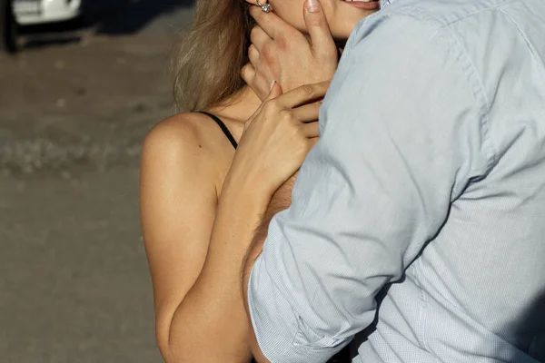 Loving Couple Hugging Boyfriend Kissing Girls Protection Protect Smiling — Stock Photo, Image