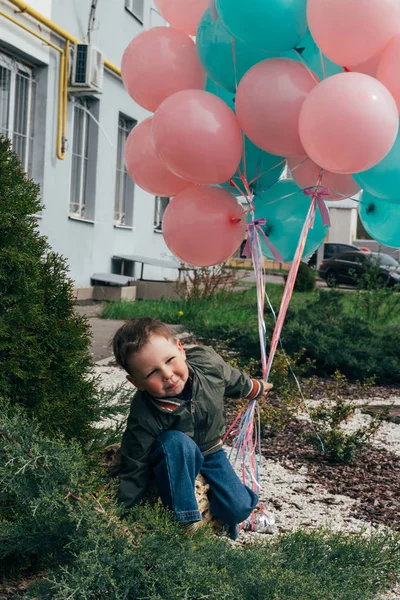 Portrait Boy Pink Blue Balloons Butterflies Boy Smiles — Stock Photo, Image