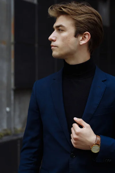 Portrait Attractive Young Man Blue Suit City Gray Background Watch — Stock Photo, Image