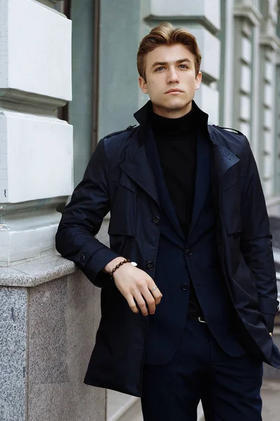 Portrait Handsome Attractive Young Man Blue Suit Coat City Pensive — Stock Photo, Image