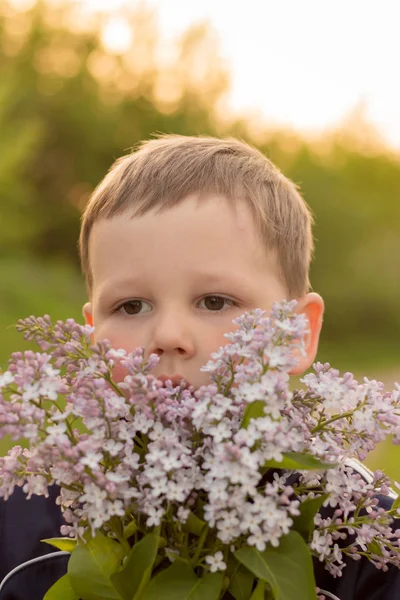Portret van een jongen met lila. boeket paars Lila in handen van de kinderen. handen met een boeket paars lila bloemen in de weide. — Stockfoto