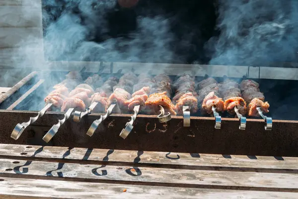 Grilled Shish Kebab Metal Skewer Cooking Roasted Meat Barbecue Lots — Stock Photo, Image