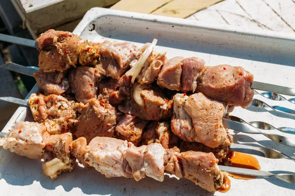 金属串上的烤小鱼烤肉串 串上的生肉片躺在一个白色的托盘上 用洋葱和辣椒做肉 街头食品 — 图库照片