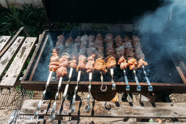 Grilled shish kebab on metal skewer. cooking roasted meat barbecue with lots of smoke. fresh beef chop slices. Traditional eastern dish on charcoal and flame, picnic, street food — Stock Photo, Image