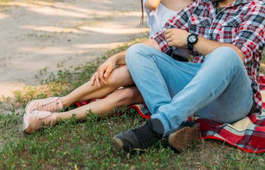 Kırmızı ekose bir glade ile yeşil çimen, yaz tatili, hafta sonu, turist üzerinde oturan iki adam siyah bir saat kolunda vardır