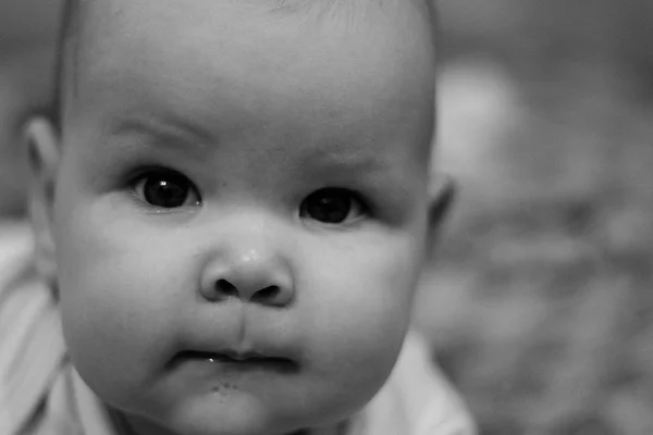 Een groot, zwart en wit portret van een baby die helaas naar de camera kijkt en is kwijlen — Stockfoto