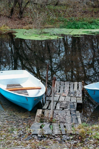 Kendini yetiştirmiş, ahşap iskelesi göl kenarında eski panolardan yakın tekneler nehrin çamur duckweed vardır — Stok fotoğraf