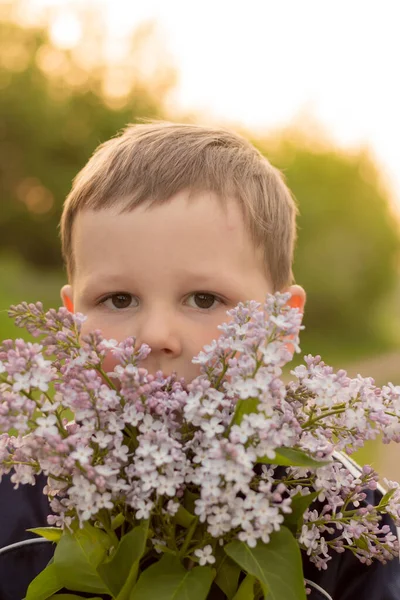 Portret van een jongen met lila. boeket paarse lila in kinderhanden. handen met een paarse lila bloemen boeket in weide. — Stockfoto