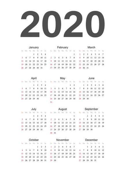 European 2020 year vector calendar — Stock Vector