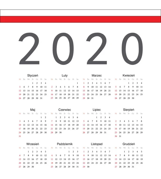Kwadrat Polski 2020 kalendarz wektorowy rok. — Wektor stockowy