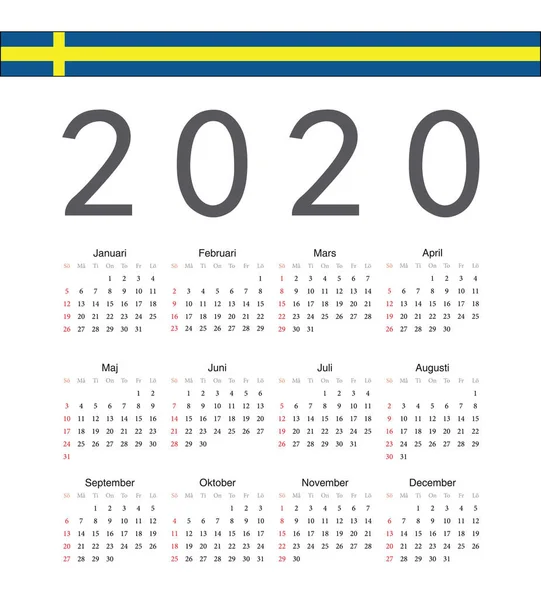 Kare İsveççe 2020 yıl vektör takvimi. — Stok Vektör