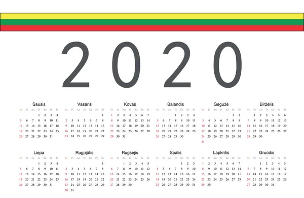 Литовський 2020 рік векторний календар — стоковий вектор