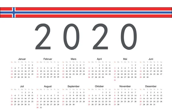 Norvég 2020 éves vektor naptár — Stock Vector