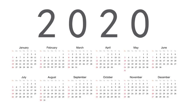 Europäischer Jahresvektorkalender 2020 — Stockvektor