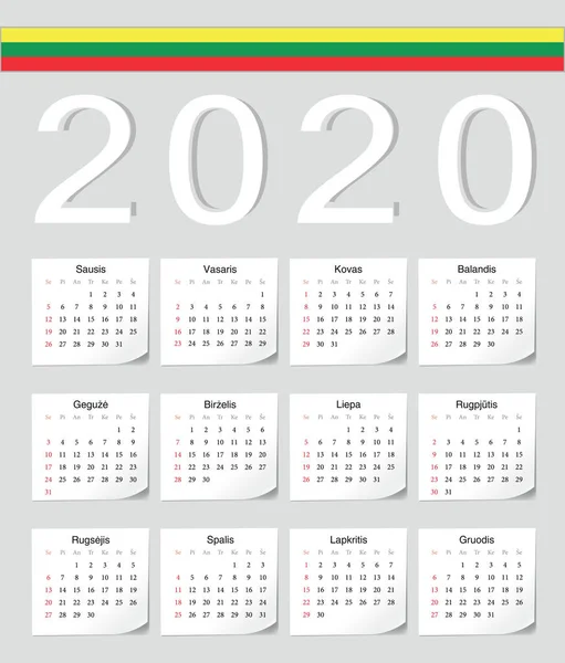 Литовський 2020 календар — стоковий вектор