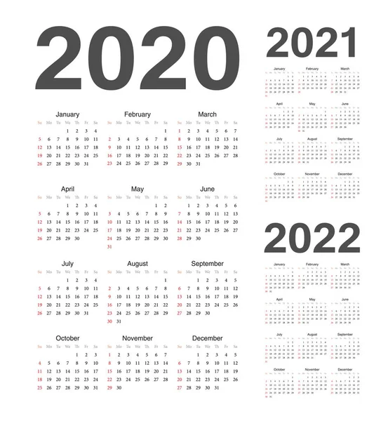Simple european 2020, 2021, 2022 year vector calendars. — Stock Vector