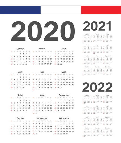 Zestaw francuskich 2020, 2021, 2022 rok wektor kalendarze. — Wektor stockowy