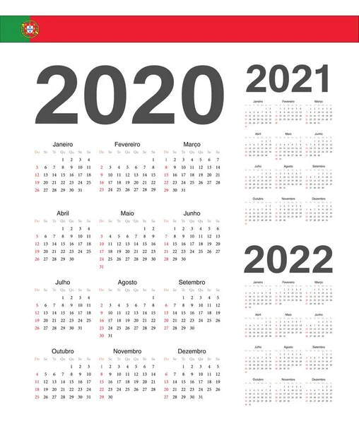Portekizce 2020, 2021, 2022 yıllık vektör takvimleri seti. — Stok Vektör